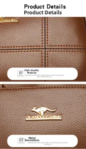 Detail of lychee pattern leather texture with gold kangaroo logo and stitching