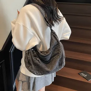 Retro washed charcoal denim oversized tote bag with functional multi-zipper pockets