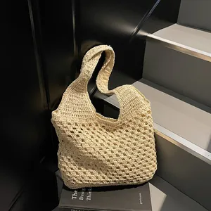 Women Straw Woven Tote Bag Hollow Out Handwoven Beach Vacation Shoulder Bag Large Capacity Casual Bohemian Summer Handbag