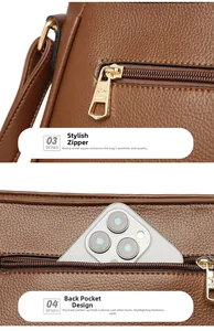 Close-up of golden zipper hardware and practical back pocket on brown leather handbag