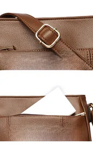 Detail of dark brown lychee leather handbag with adjustable buckle and front zip pocket