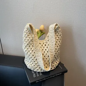 Large Capacity Hollow Woven Straw Tote Bag For Women Paper Rope Crochet Beach Shoulder Bag Summer Vacation Handbag