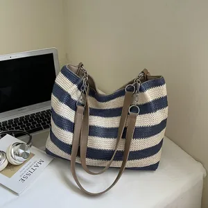 Women Korean Striped Straw Woven Tote Bag Large Capacity Casual Beach Shoulder Bag With PU Leather Chain Strap Vacation Style