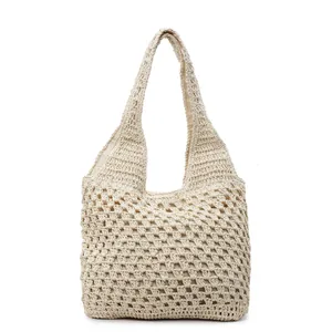 Fashionable woven beach tote bag for women with minimalist handmade straw texture