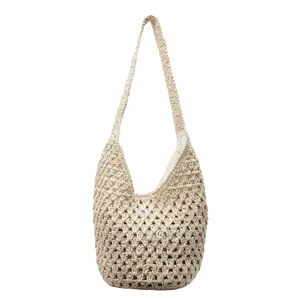 Minimalist beige crochet straw shoulder bag with hollow geometric knit pattern