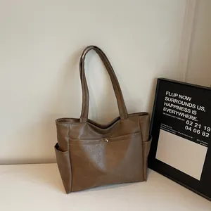 Large Capacity PU Leather Tote Bag For Women Vintage Minimalist Shoulder Bag With Metal Buckle Front Pocket For Commute