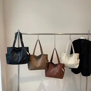 Minimalist large capacity faux leather tote bag with lychee texture in four classic colors