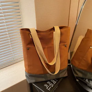 Women Fashion Large Capacity Canvas Tote Bag Contrast Colorblock Stitching Minimalist Shoulder Handbag Rivet Commuter Bag