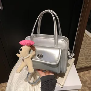 Korean Style Fashion Bowling Bag For Women Minimalist Large Capacity PU Leather Shoulder Bag With Cute Dog Charm Handbag