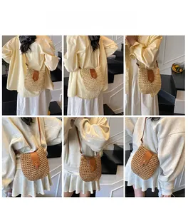 Detail view of woven bucket bag featuring premium straw texture and leather strap details