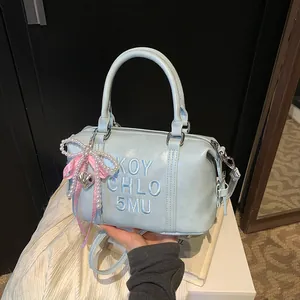 Vintage PU Leather Boston Bag For Women Fashion Letter Embossed With Pearl Bow Pendant Casual Shoulder Crossbody Bag Commuter Handbag