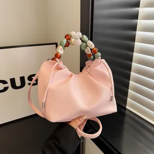 Sac Nuage Froncé à la Mode pour Femmes Sac à Main en Cuir PU Texture Litchi Avec Poignée en Perles Colorées Sac à Bandoulière