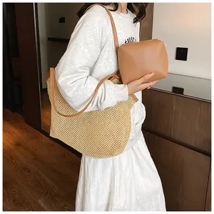 Detailed set featuring a beige mesh woven tote bag and a brown leather zippered pouch