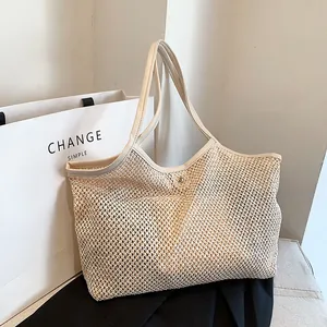 Women Large Capacity Mesh Woven Tote Bag Straw Beach Vacation Handbag Internal Zipper Pouch Shoulder Bag