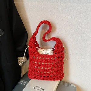 Women Hollow Out Knitted Shoulder Bag Handmade Woven Tote Bag With Drawstring Inner Pouch Casual Beach Vacation Bag