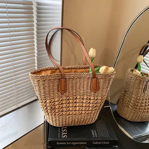 Casual Women Straw Woven Tote Bag Large Capacity Hollow Out Beach Vacation Shoulder Bag With PU Leather Handles