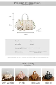 Detailed size chart and four-color display of mini Boston bag with elephant charm
