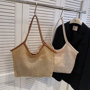 Mesh woven tote beach bag in brown and off-white with premium PU leather shoulder straps