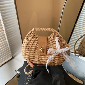 Handmade Straw Woven Crossbody Bag For Women With PU Leather Flap Metal Lock Lace Ribbon Bow Summer Beach Vacation Bag