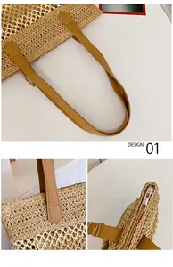 Detail of woven straw tote bag with reinforced faux leather handles and zipper closure