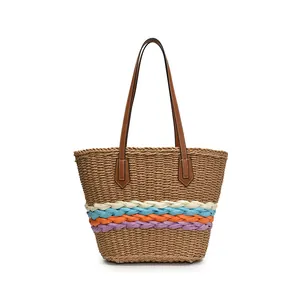 Borsa tote in paglia a righe arcobaleno con manici in pelle per vacanze al mare