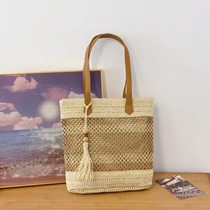 Bohemian Handmade Hollow Out Straw Tote Bag For Women Summer Beach Vacation Shoulder Bag With Tassel Large Capacity Zipper Bag