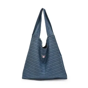 Minimalist blue striped tote bag with large capacity and soft rib-knit fabric texture
