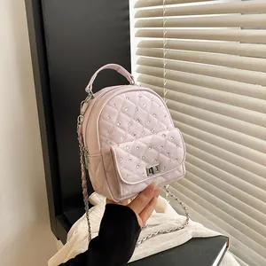 Women Mini Quilted Rhombic Backpack Rhinestone Decoration PU Leather Chain Strap Fashion Small Travel Bag Lady Casual Backpack