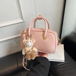 Women's Fashion PU Leather Mini Boston Bag Minimalist Handbag With Teddy Bear Charm Adjustable Crossbody Shoulder Bag