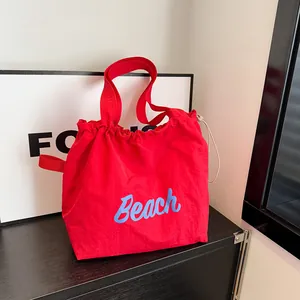 Bolso Tote de Lona Nailon de Gran Capacidad para Mujer Estampado Letras Beach Cierre Cordón Bolso de Hombro Casual Viaje