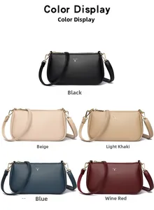 Detailed view of women's leather crossbody bags in black, beige, khaki, blue, and red tones