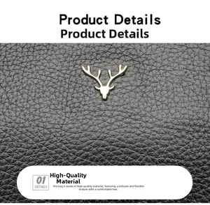Detail of black lychee grain leather texture with gold metal deer head logo accent