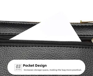Detail of the black lychee pattern leather shoulder bag showing the side zipper pocket