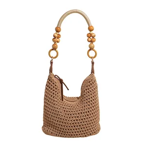 Handmade crochet shoulder bag with wooden beads handle and khaki woven texture