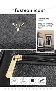 Detail of lychee pattern leather texture with golden deer logo and YNX metal zipper