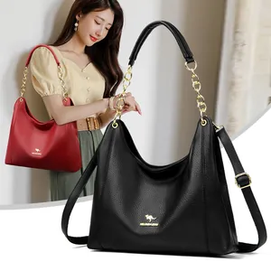 Damen Retro Große Kapazität Litschi Textur PU Leder Umhängetasche Vintage Tragetasche Mit Goldkette Crossbody Handtasche