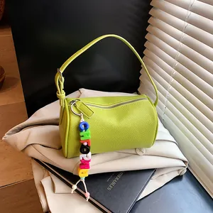 Women Casual PU Leather Cylinder Bag Fashion Lychee Pattern Pillow Crossbody Bag With Colorful Letter Bead Charm Daily Shoulder Bag