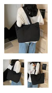 Detailed views of a black nylon tote bag featuring functional front pockets and large capacity