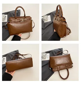 Vues multi-angles d'un sac à main vintage en cuir marron avec bandoulière réglable