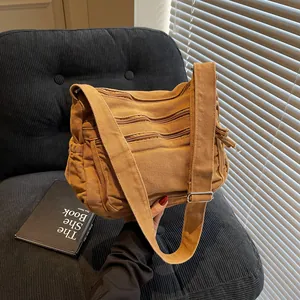 Women's Vintage Canvas Shoulder Bag Large Capacity Multi Pocket Crossbody Bag Casual Travel Mommy Bag With Adjustable Strap