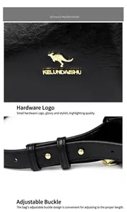 Close-up of black lychee leather grain with golden kangaroo logo and adjustable strap