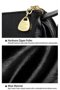 Close-up of golden teardrop zipper and textured faux leather on Boston bag