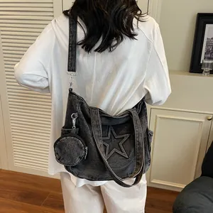 Retro gewaschene Denim-Einkaufstasche mit Sternennähten und Münzfach für Damen