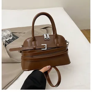 Detailed view of dark brown crossbody shell bag with metal buckle and silver zippers