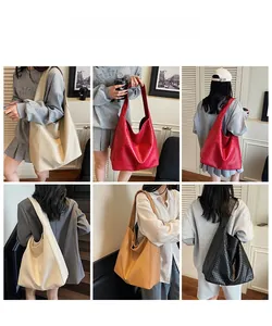 Detailed views of large woven hobo tote bag in beige, red, tan, and black leather colors