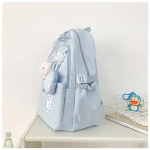 Détail du sac à dos bleu clair avec boucles latérales, poches et pendentif chat peluche