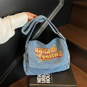 Vintage Washed Denim Crossbody Bag Large Capacity Messenger Bag With Embroidery Letters Street Style Women Shoulder Bag
