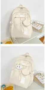 Détail du sac à dos crème avec petite pochette ronde et charm de chat en peluche doux