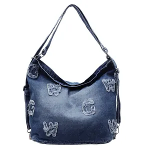 Vintage washed denim tote bag with frayed letter embroidery and large capacity