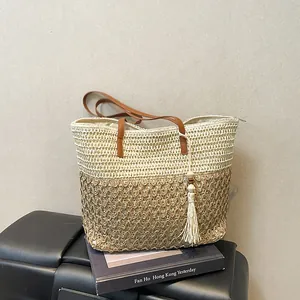 Women Large Capacity Straw Woven Tote Bag Retro Color Block Beach Vacation Shoulder Bag With Tassels PU Leather Straps